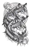 1 male wolf, 1 female wolf, 3 wolf pups and moon tattoo tattoo design idea