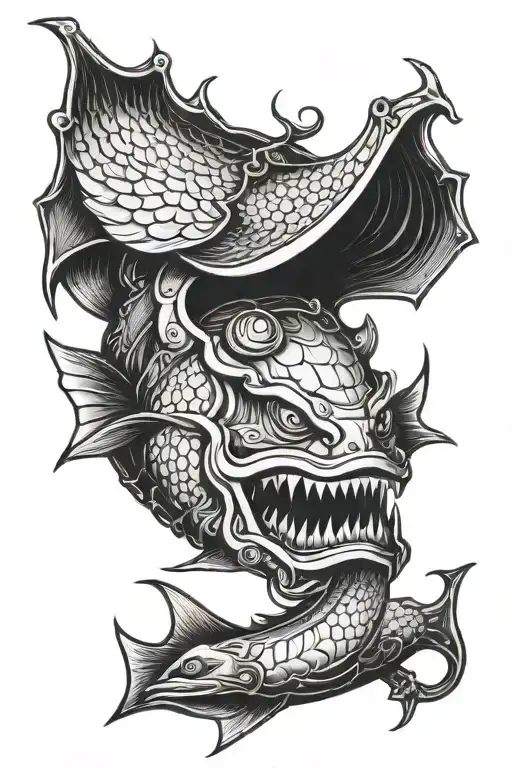 zodiac sign evil fish in a samurai helmet with a bat tattoo design idea