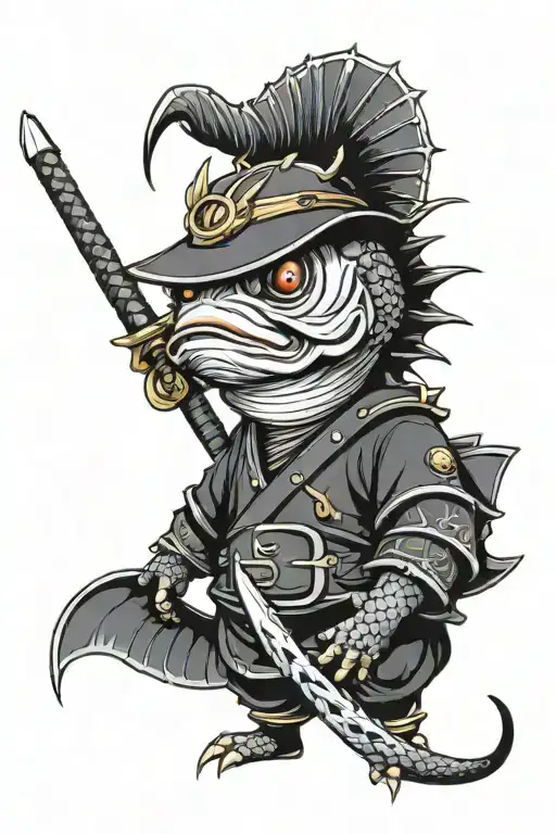 zodiac sign evil fish in a samurai helmet with a bat tattoo design idea