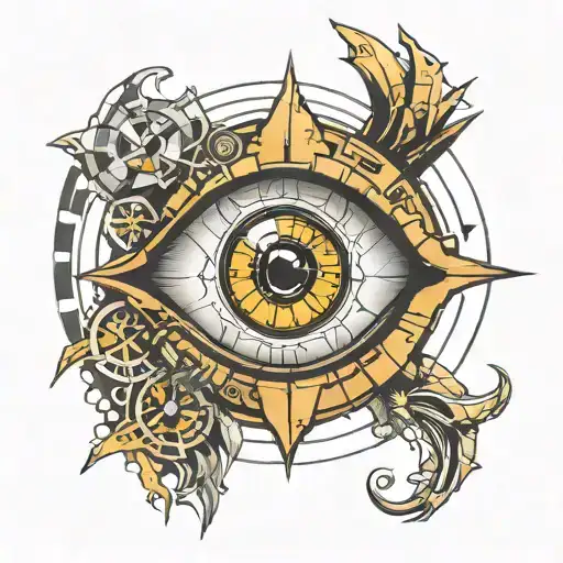 eye with time machine, then outer geometric degine  tattoo design idea