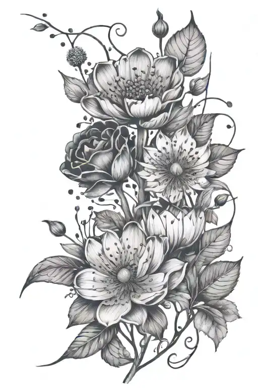 Pussy willow, Dandelion, Water lilly, geranium, Lila, and Rose  tattoo design idea