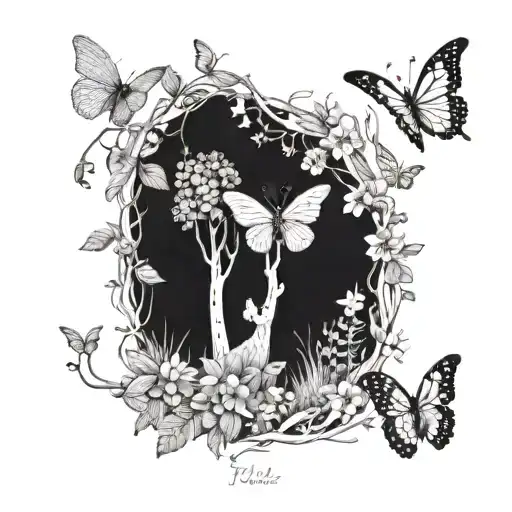 An enchanting forest scene with playful animals, fluttering butterflies, and blooming flowers, symbolizing the joy of spending time with children tattoo design idea