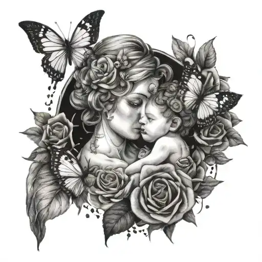 A delicate and intricate design featuring a mother and child surrounded by a halo of butterflies and roses, representing the bond between mother and child tattoo design idea