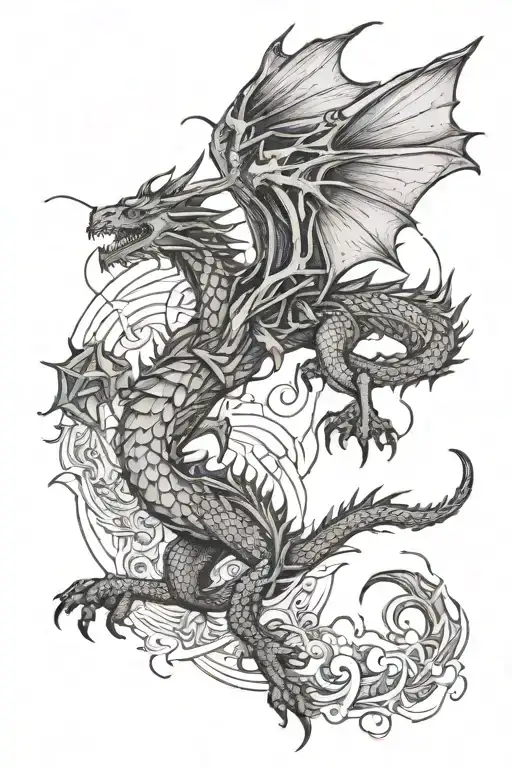 dragon four legs wings flying towards the sun tattoo design idea