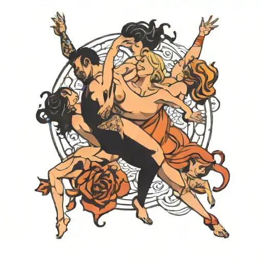 four people falling nude tattoo design idea