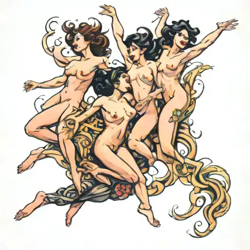four people jumping nude tattoo design idea