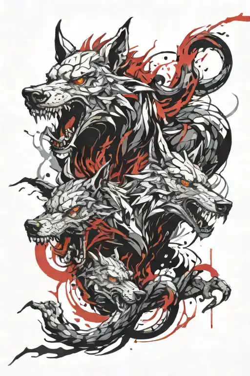 fire demon wolves dragon war tattoo design idea