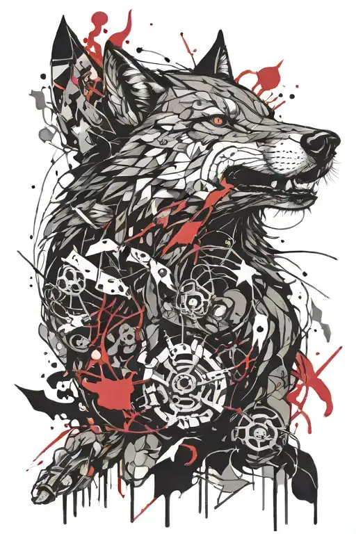 wounded Wolf, fierce, demons as allies, war, fire tattoo design idea