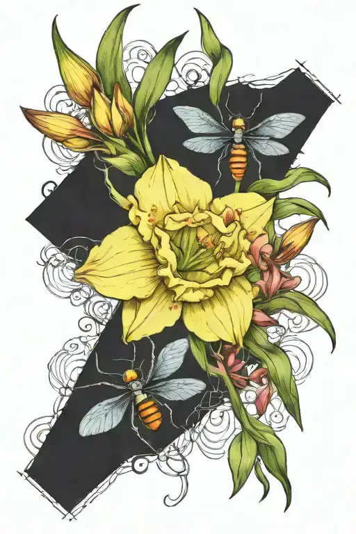 narcissus carnation gladiolus bouquet with spider on a spiderweb tattoo design idea