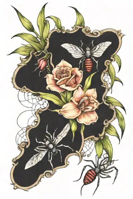 narcissus carnation gladiolus bouquet with spider on a spiderweb tattoo design idea
