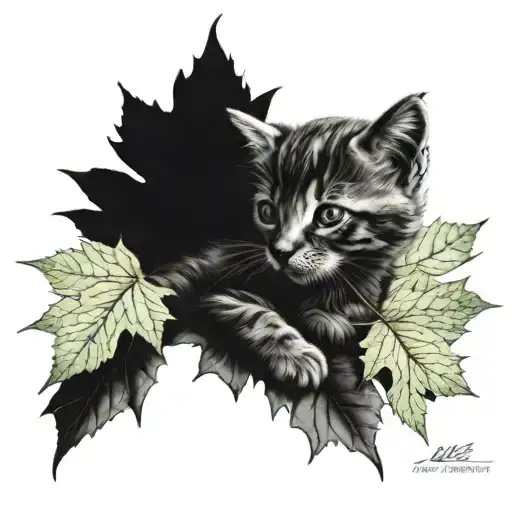 kitten sitting on a pile of maple leaves tattoo design idea