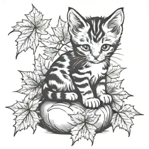 kitten sitting on a pile of maple leaves tattoo design idea