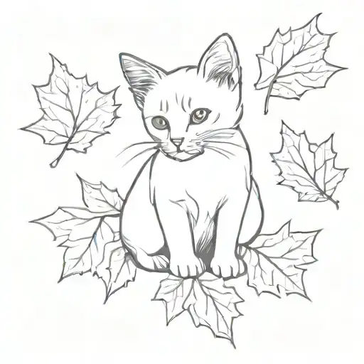 kitten sitting on a pile of maple leaves tattoo design idea