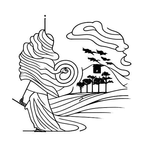 A silhouette of a person walking along the Camino path tattoo design idea