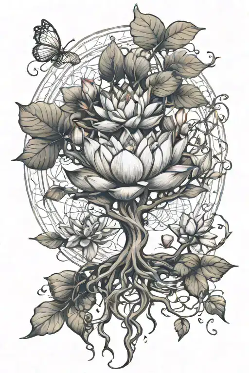 Lotus flower tree of life intertwined tattoo design idea