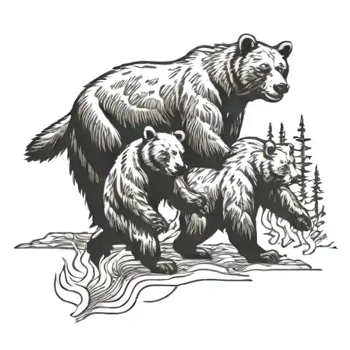 Two bears, a bear and a she-bear, shake their two cubs away from the threat. The bear and she-bear have arrows in their  tattoo design idea