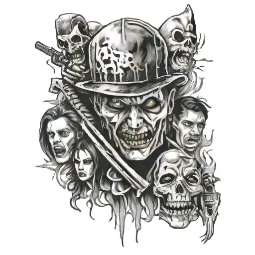 horror movie killer collage tattoo design idea
