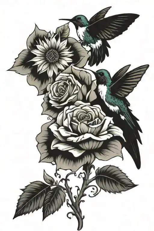 sunflowers roses hummingbird butterflies  tattoo design idea