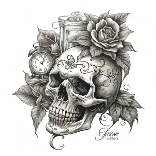 Skull, Hourglass, writing: "And the same flower that smiles today, tomorrow will be dying" tattoo design idea