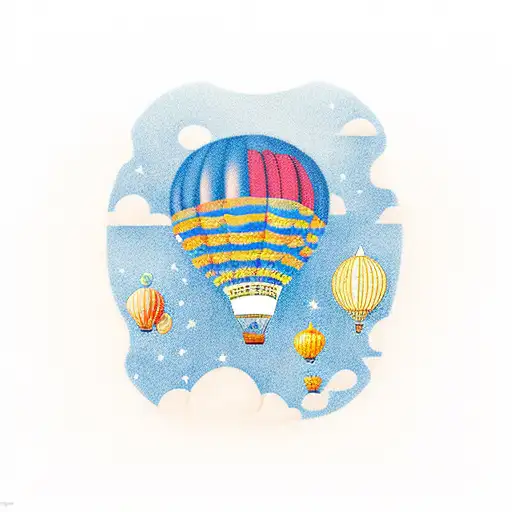 A hot air balloon floating above a serene beach filled with seashells tattoo design idea