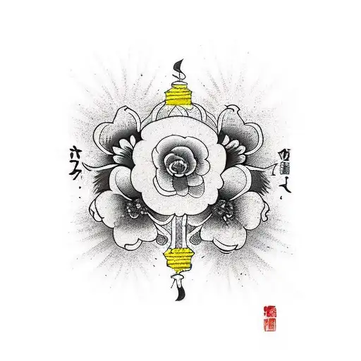 black shadows in the middle, flowers arroud and birds tattoo design idea