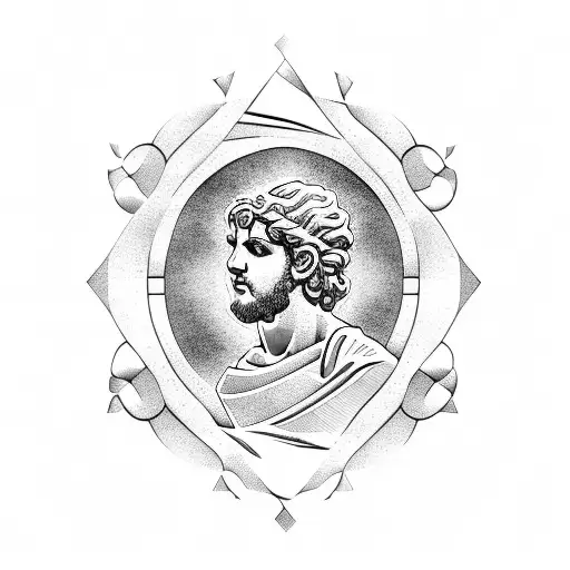 Greek statue in Ikarus pose with modern wavy background tattoo design idea