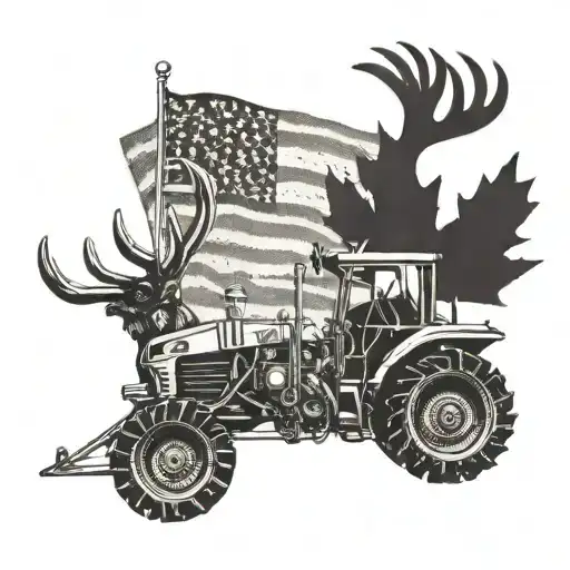 tractor turning the earth with a plow and opening new land with a caribou and Canadian flag tattoo design idea