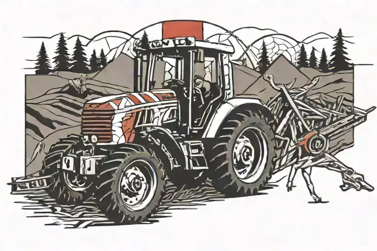 tractor turning the earth with a plow and opening new land with a caribou and Canadian flag tattoo design idea