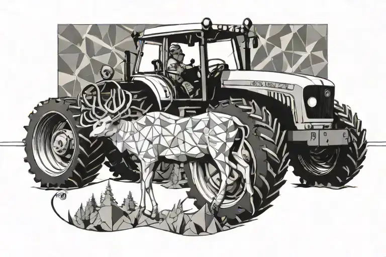 tractor turning over the earth with a cultivator and developing new earth behind with a caribou and a Cabadian flag tattoo design idea