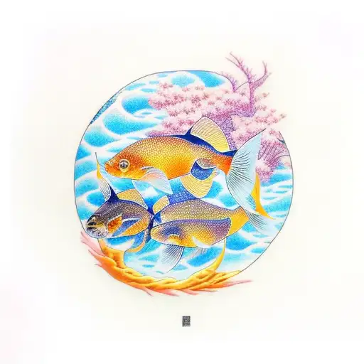 japanese golden fish with the pisces constellations behind tattoo design idea