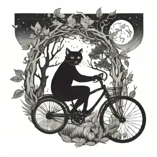 A black cat riding a vintage bicycle through a moonlit forest tattoo design idea