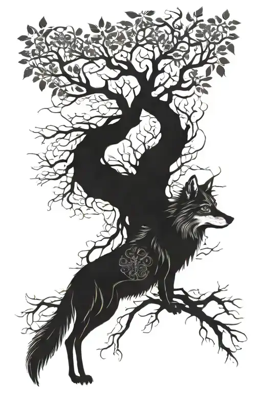 Phönix whit wolf head combined with tree of life growing tattoo design idea