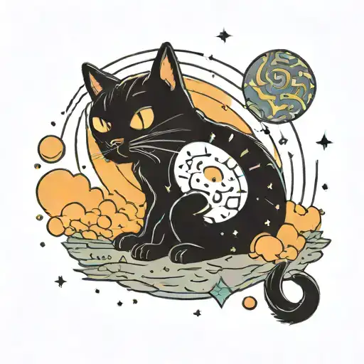 A cosmic scene with a black cat gazing up at meteors flying past tattoo design idea