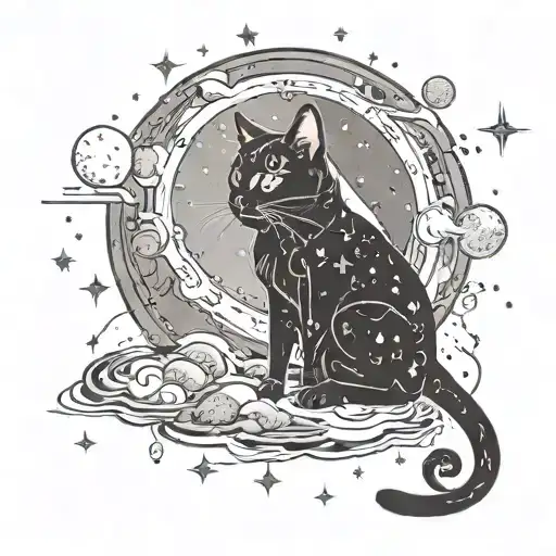 A cosmic scene with a black cat gazing up at meteors flying past tattoo design idea
