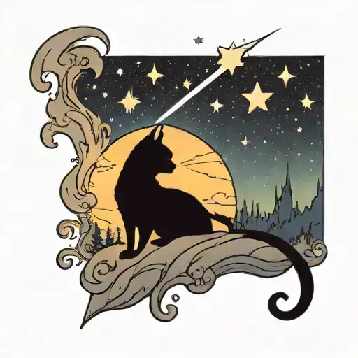 A starry scene with a black cat gazing up at a meteor shower tattoo design idea