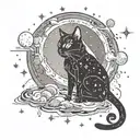 A cosmic scene with a black cat gazing up at meteors flying past tattoo design idea