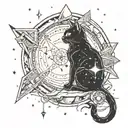 A cosmic scene with a black cat gazing up at meteors flying past tattoo design idea
