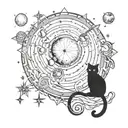 A cosmic scene with a black cat gazing up at meteors flying past tattoo design idea
