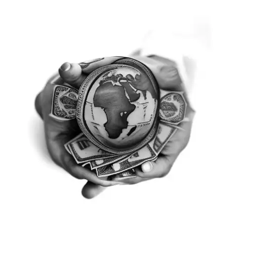 a hand holding a globe and money tattoo design idea