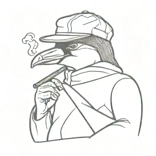 pinguin with flat cap smoking cigarette with smoke surrounding tattoo design idea