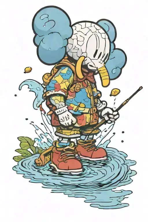kaws figure fishing in a lake wearing Nike shoes  tattoo design idea