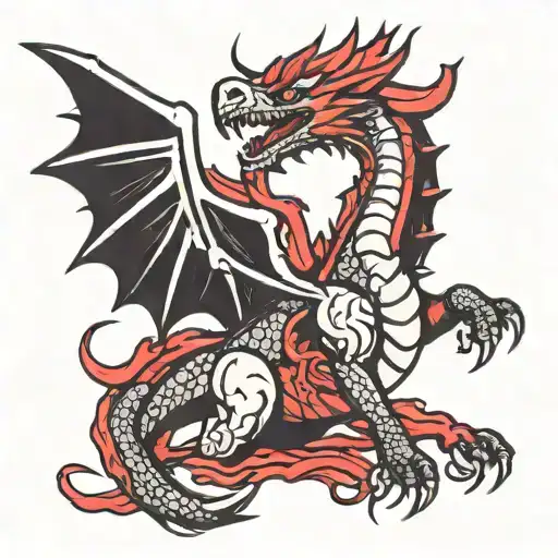 dragón negro rojo con alas en llama  tattoo design idea