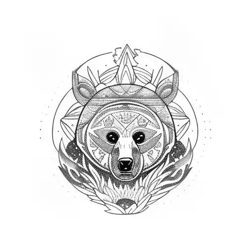 totem bear with aster flower tattoo design idea