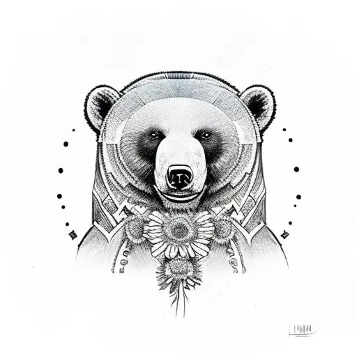totem bear with aster flower tattoo design idea
