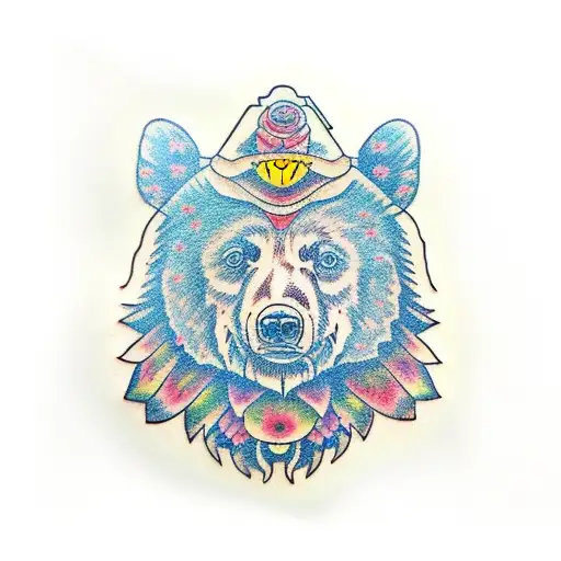 totem bear with aster flower tattoo design idea