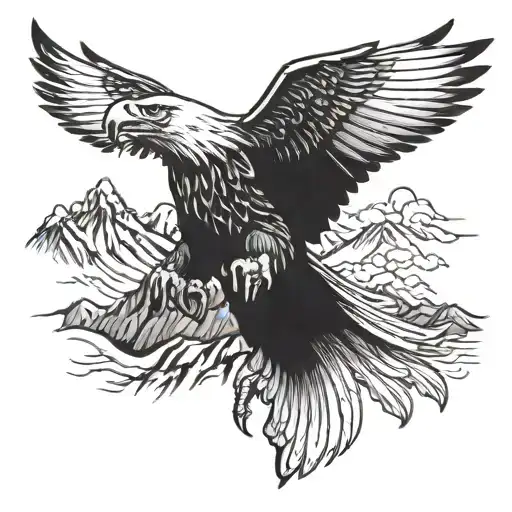 An eagle soaring over a mountain landscape, clutching a rifle in its talons tattoo design idea