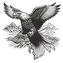 An eagle soaring over a mountain landscape, clutching a rifle in its talons tattoo design idea