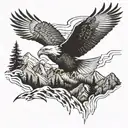 An eagle soaring over a mountain landscape, clutching a rifle in its talons tattoo design idea