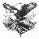 An eagle soaring over a mountain landscape, clutching a rifle in its talons tattoo design idea