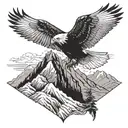 An eagle soaring over a mountain landscape, clutching a rifle in its talons tattoo design idea